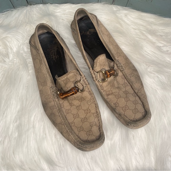 Gucci GG Logo Bamboo Horsebit Driving Loafers Size 12 Brown & Tan - Picture 1 of 9